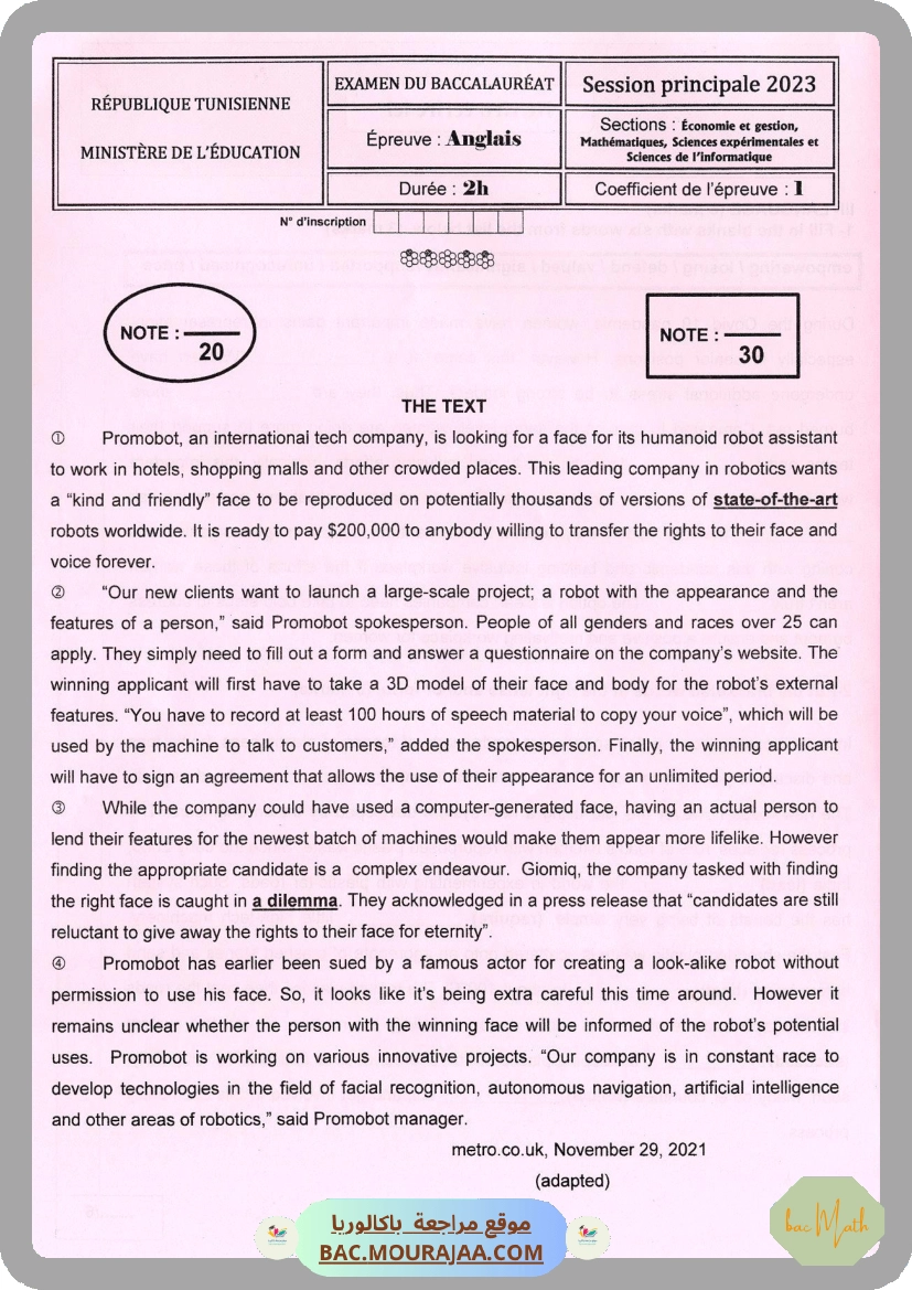 Sujet principale anglais Bac 2023 – Section math
